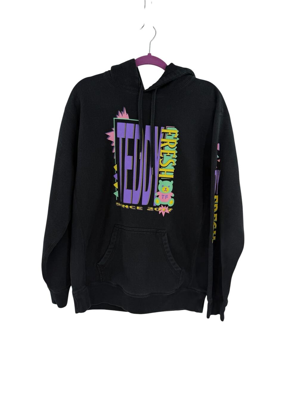 Teddy Fresh Logo Graphic Hoodie Black Pullover Bear Sleeve Spellout Size Large